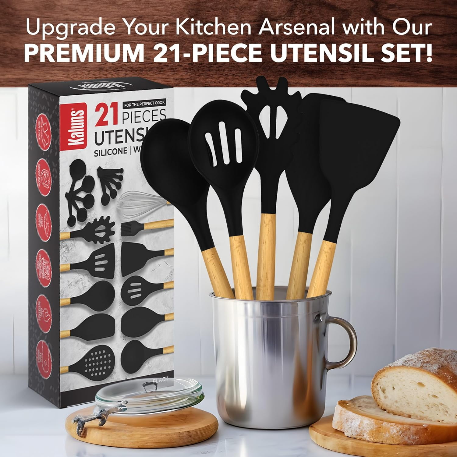 Kaluns 21 Pcs Wood and Silicone Kitchen Utensils Set for Cooking Household Essentials – Premium Cooking Utensil Set, Black