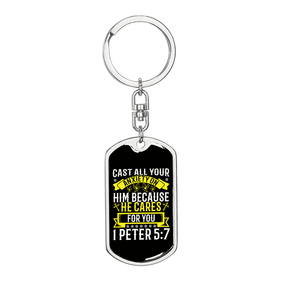 He CAres 1 Peter 5:7 Stainless Steel or 18k Gold Premium Swivel Dog Tag Keychain
