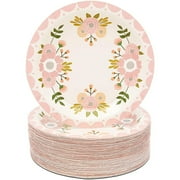 80 Pack Pink Floral Paper Plates, Vintage Flower Dinner Plate for Bridal Shower & Tea Party Supplies Decorations, 9 in
