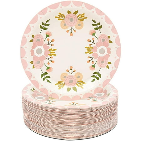 80 Pack Pink Floral Paper Plates, Vintage Flower Dinner Plate for Bridal Shower & Tea Party Supplies Decorations, 9 in
