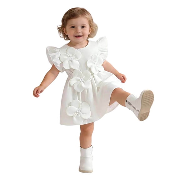 Gelikeya Flower Girl Dress Cute Satin Prom Dress Wedding Birthday Party Pageant Toddler Flutter Sleeve Evening Gown White & 12-18 Months