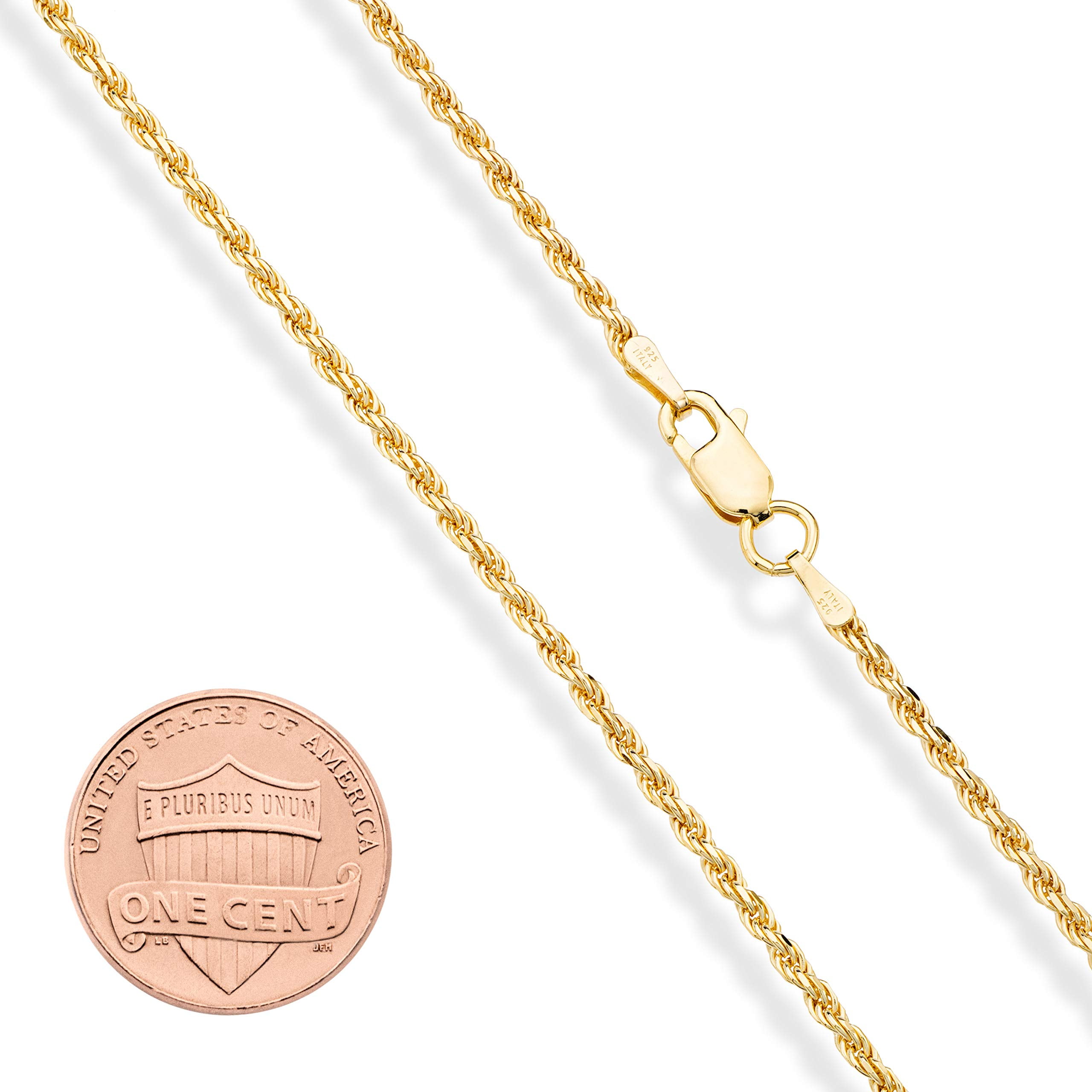 Miabella Solid 18K Gold Over Sterling Silver Italian 2mm, 3mm Diamond-Cut Braided Rope Chain Necklace for Men Women, 925 Sterling Silver Made in Italy (2mm, Length 18 Inches(women's average length))
