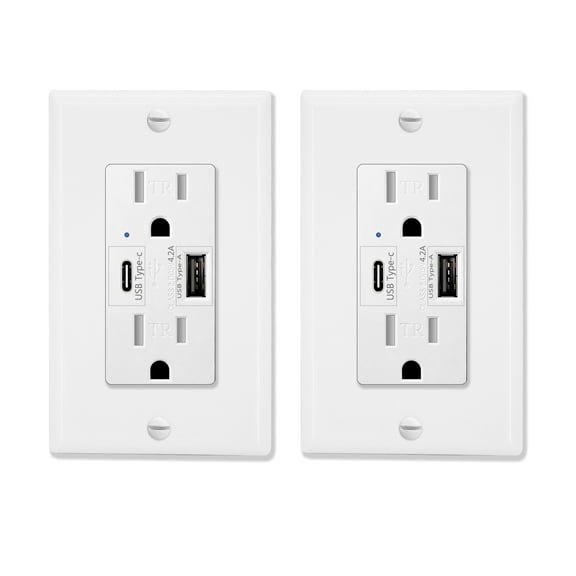 USB Type C Outlets,GREENCYCLE 2 Pack High Speed 4.2A Dual USB Charging Ports, 15Amp AC White Duplex Outlets, Tamper Resistant Receptacle UL Listed