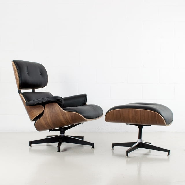 Ensemble Fauteuil Lounge et Ottoman en Cuir Pleine Fleur Charles de Style Mi-Siècle