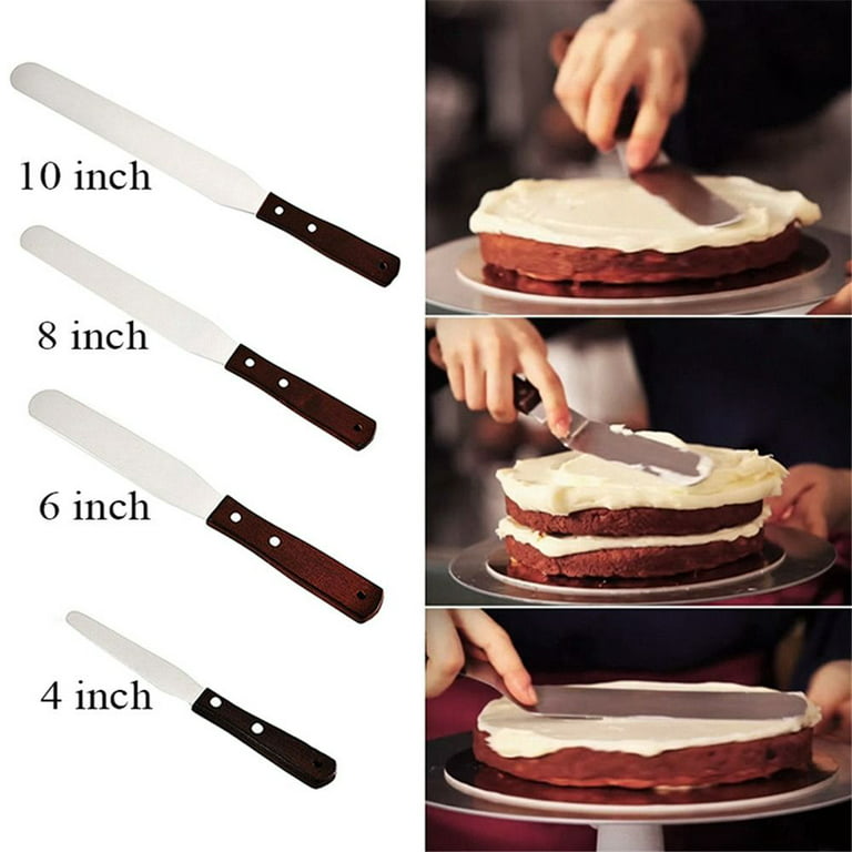 Acronde 4pcs Straight Cake Icing Spatula Set 4” 6” 8” 10” Professional Stainless Steel Cake Decorating Frosting Spatulas with Wooden Handle (Straight)