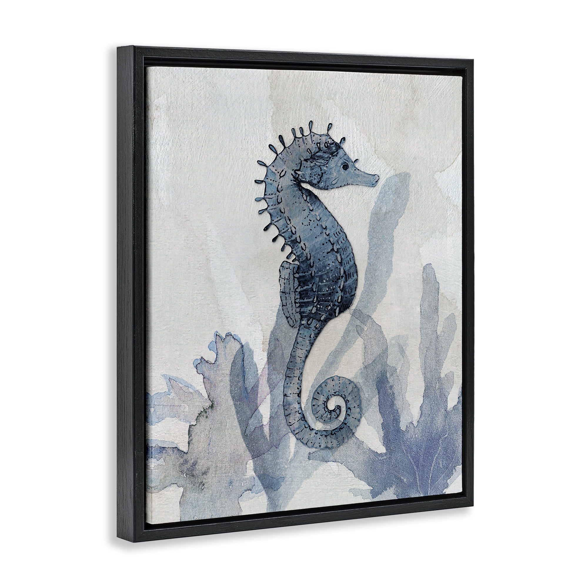 Stupell Industries Seahorse & Seaweed Impressions Black Framed Floater Canvas Wall Art, design by Susan Jill