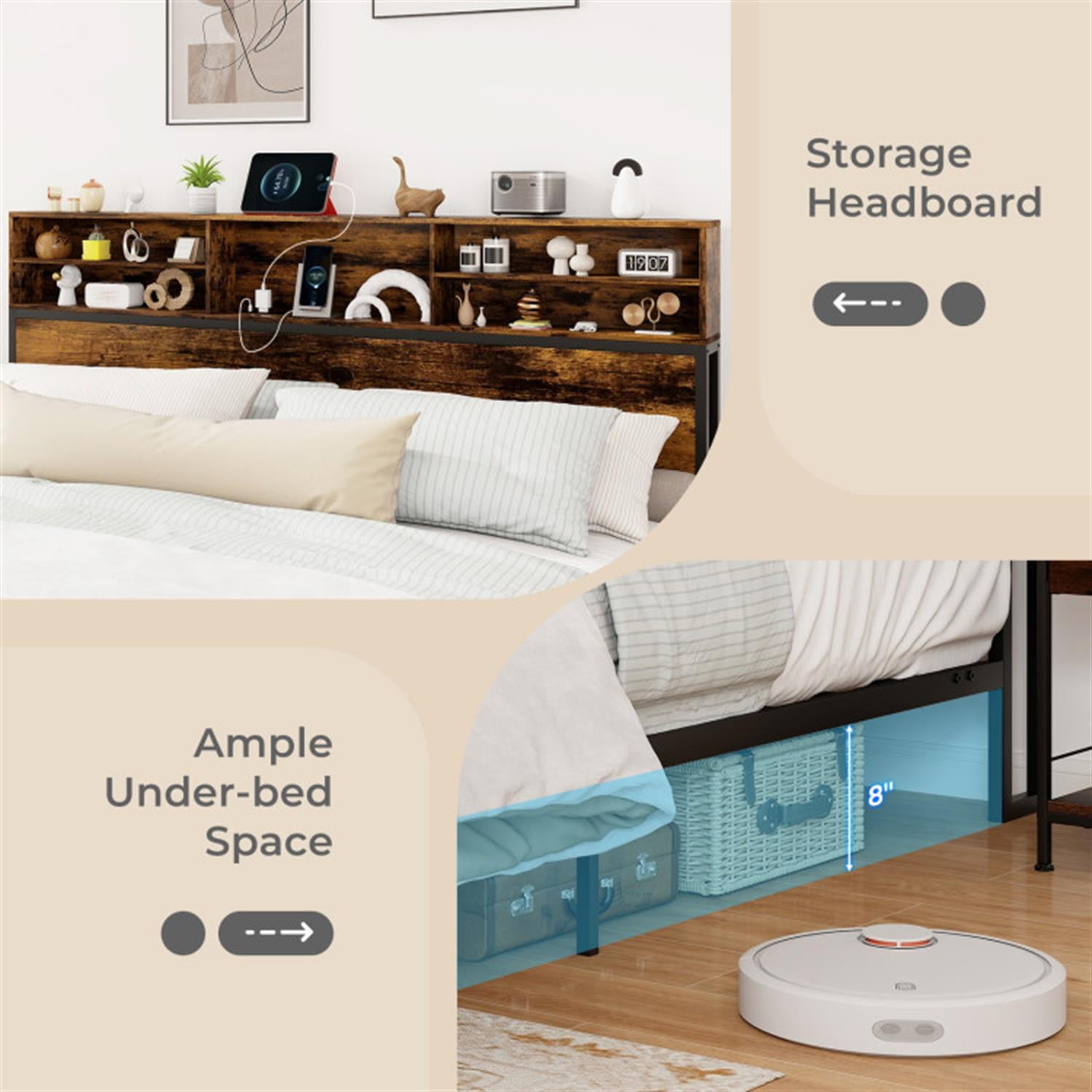 Demi Bonn King Size Bed Frame with Wooden Headboard and Footboard, Industrial Metal Platform Bed Frame with Under Bed Storage, No Box Spring Needed, Brown