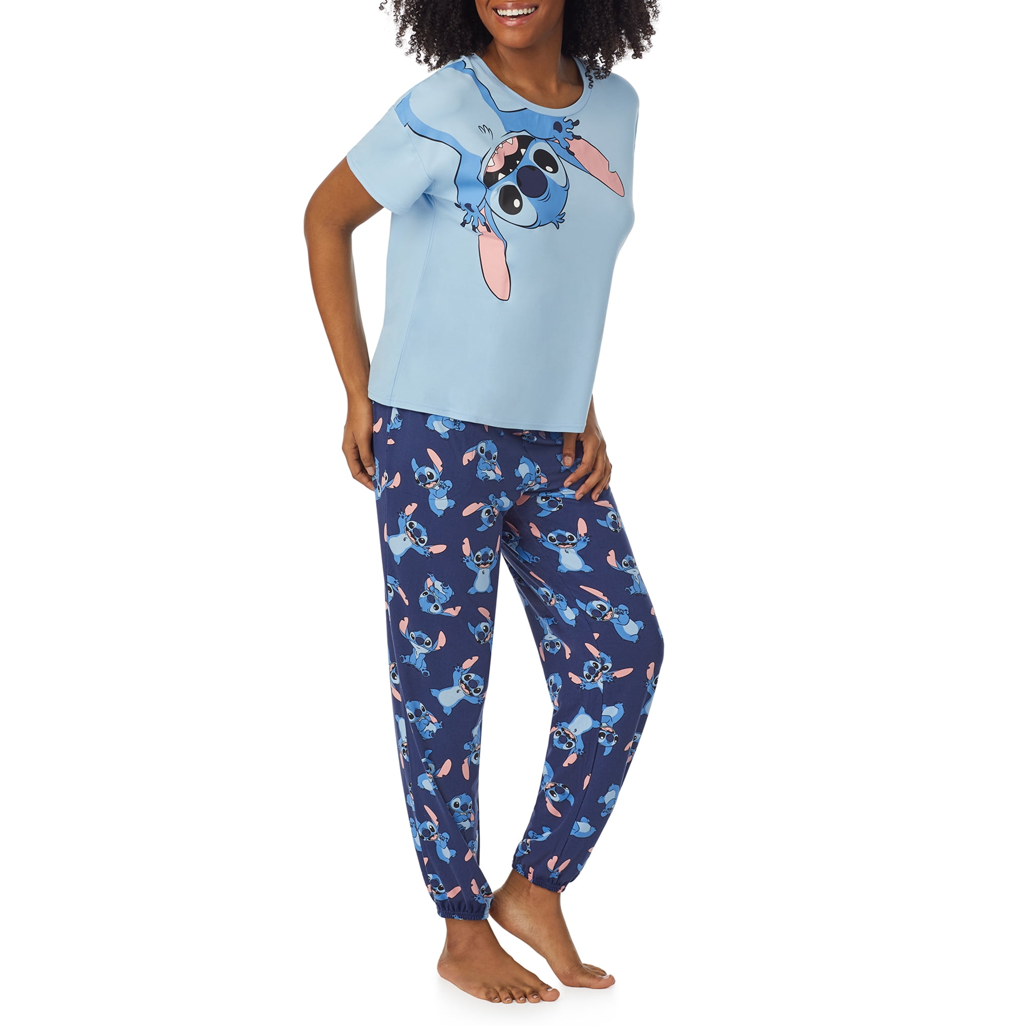 Richard Leeds International Womens Lilo and Stitch Matching 2 Piece Short Sleeve Pajama Top & PJs Jogger Pants Set with Pockets - Soft & Cozy Sleep & Loungewear Pajamas Sets for Women, Blue Small