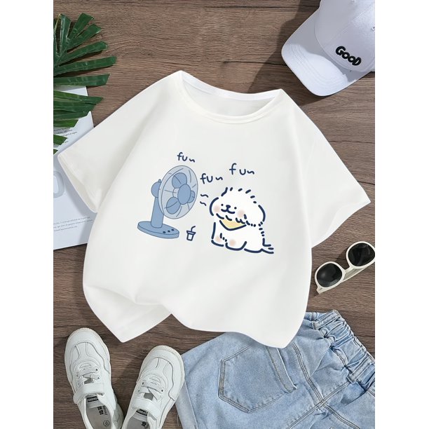 Adorable Puppy Blowing Fan Graphic Girls' T-Shirt - Comfy & Durable Polyester Crew Neck Short Sleeve Tee for Summer Outdoor Play, White with Blue Cartoon Print, Casual Straight Sleeve Design