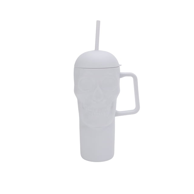 31.6 oz white matte acrylic skull-shaped tumbler with handle, lid, and straw for drinking.