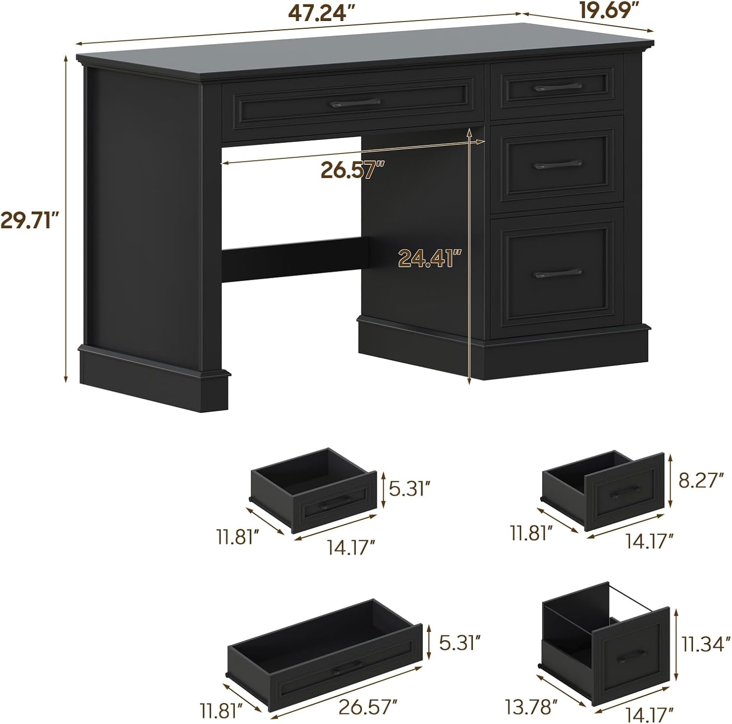 Farmhouse 47" Executive Desk with File Drawer, Computer Desk with 4 Drawers, Workstation for Study, Home Office, Writing, Pure Black.