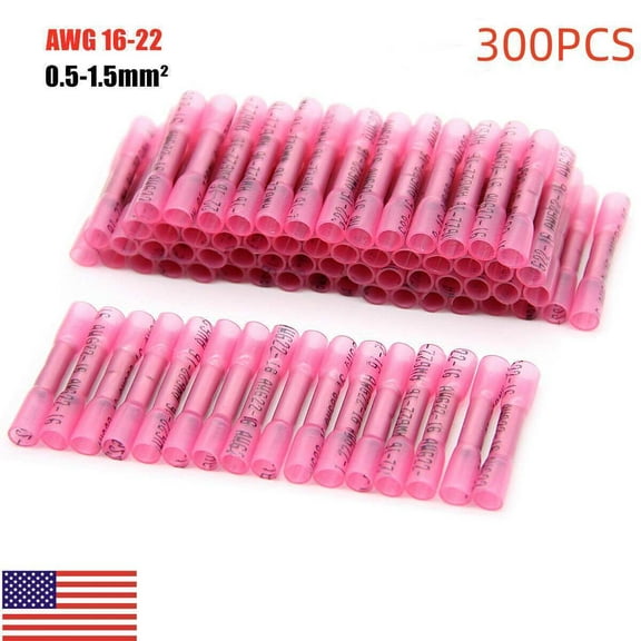 300Pcs Red Heat Shrink Butt Wire Connectors Crimp Terminals AWG 16-22 Gauge US