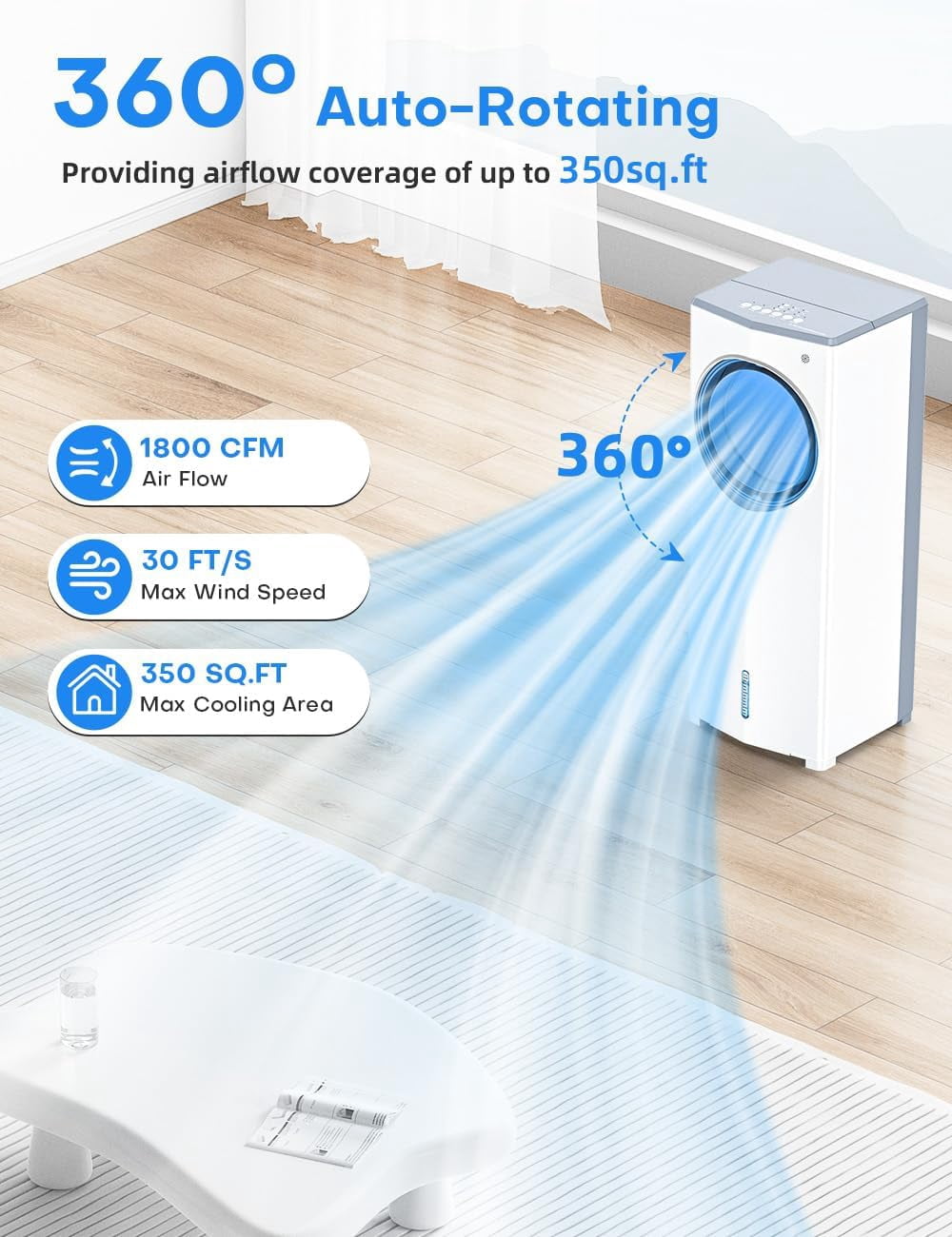 Windowless Portable Air Conditioner, 27" Bladeless Evaporative Air Cooler, Dual Tanks for 24H Cooling, 4 Modes & 3 Speeds, 25FT Remote&Timer, 360° Swing Swamp Cooler Air Cooler Indoor