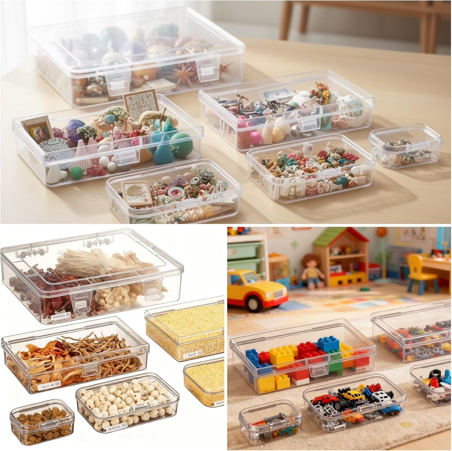 7 count Mixed Sizes Rectangular Empty Mini Clear Plastic Organizer Storage Box Containers with Hinged  for Small Items and Other Craft Projects