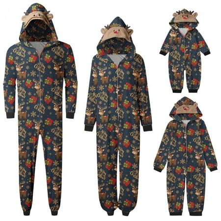 

Family Matching Pajamas Christmas Romper Hooded Jumpsuits Holiday Nightwear Sleepwear for Adult Kids Baby Long Sleeve Elk Print Bodysuit