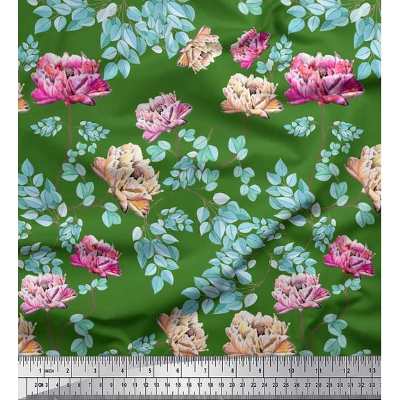 Soimoi Green Silk Fabric Leaves & Peony Floral Printed Fabric 1 Yard 42 Inch Wide