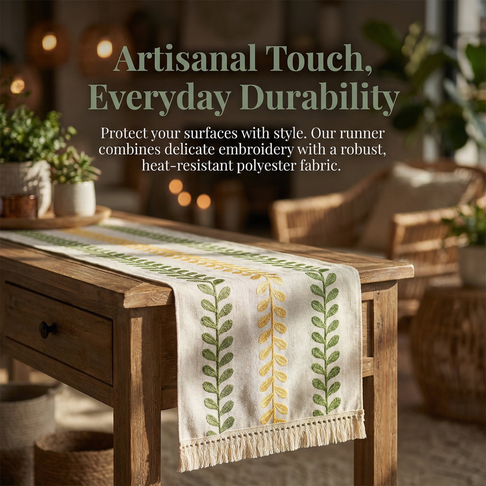 Unique Bargains Polyester Floral with Tassel Table Runner for Decor Green 15.4"x94.5"