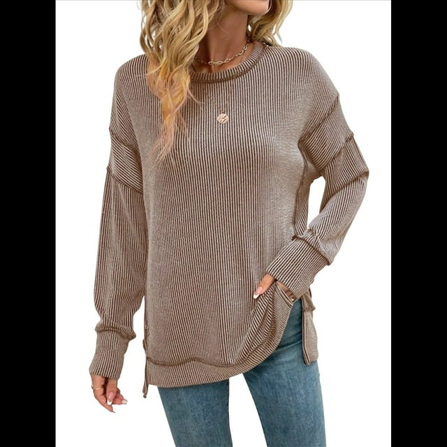 Sudaderas Holgadas de Larga para Mujer, de Canalé, con Abertura Lateral y Dobladillo Alto y Bajo, para Otoño Caqui XL