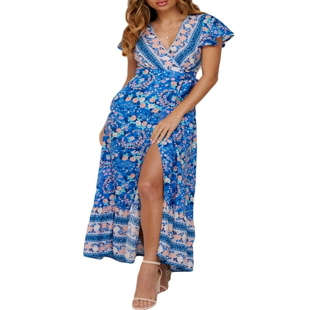 Femmes V-Cou Floral Split Robe Boho Été Plage Décontracté Longue Robe de Soleil