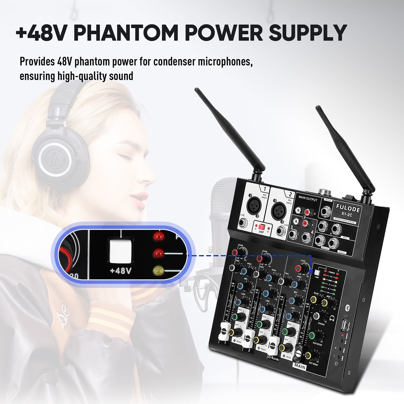 FULODE 4 Channel Audio Mixer, Karaoke Mixer with Dual Wireless Microphones, Professional Sound Board DJ Mixing Console MP3 Bluetooth 48V Phantom Power USB Interface for PC Studio Recording Party