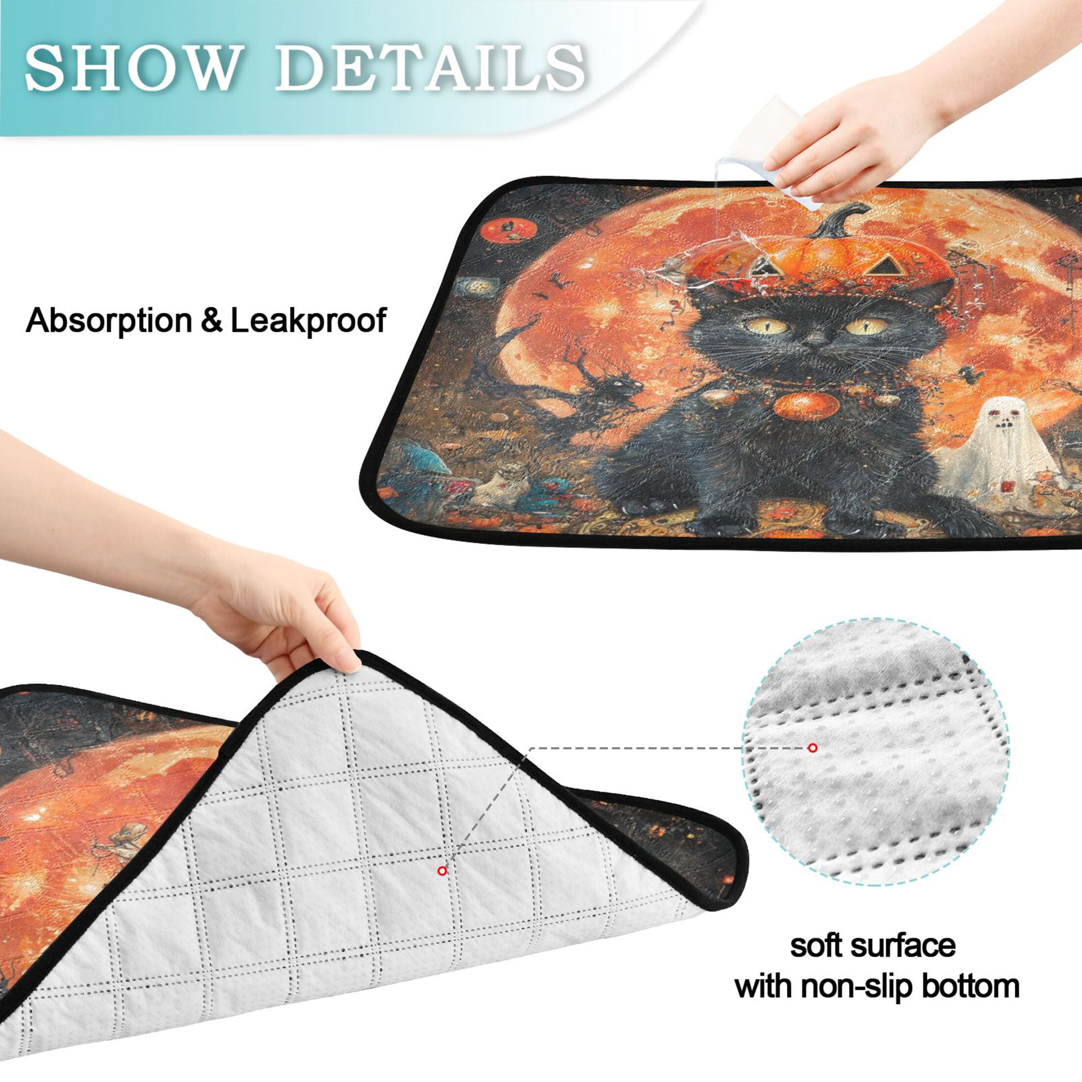 Qxltty Pumpkin Element Black Cat Cat litter Pads Pet Set of 2 Diaper Mats Center Anti-leakage Layer Absorbent Soft and Comfortable