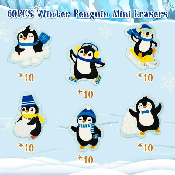 Laffact Penguin Shape Mini Eraser ,60pcs Pencil Eraser for Teaching Prizes Christmas  Gift