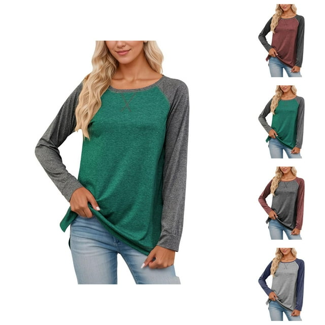 Long Sleeve Shirt Women 2026 Spring Fashionable Crewneck Raglan Sleeve Relaxed Fit Color Block Casual T Shirts