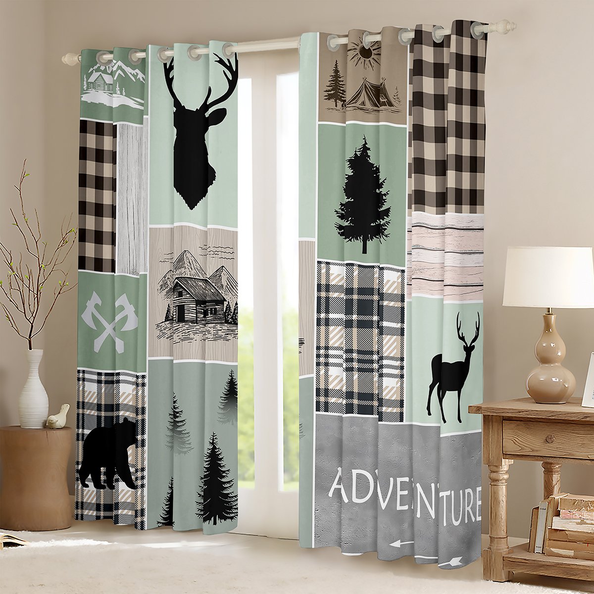 Manfei Rustic Camping Curtains Pack of 2 (42x84 Each) for Kids, Bear Deer Animal Curtains Blackout, Farmhouse Patchwork Bedroom Curtains, Black Out Curtains Decor