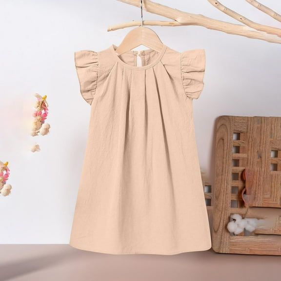 NAISIBABY Girls A-line Dress, Pleated Casual Ruffle Sleeveless Summer Play Dress Beige 5-6T