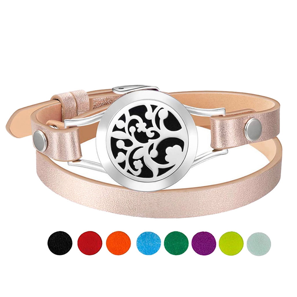 Aromatherapy Essential Oil Diffuser Bracelet Stainless Steel Locket Stone Bead Wrap Leather Unisex Bracelet with 7 Color Felt Pads 