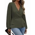 thumbnail image 3 of Women Dressy Long Sleeve Blouses,Wrap Peplum Work Shirts V Neck Business Tops Elegant Fall Outfits Green L, 3 of 9