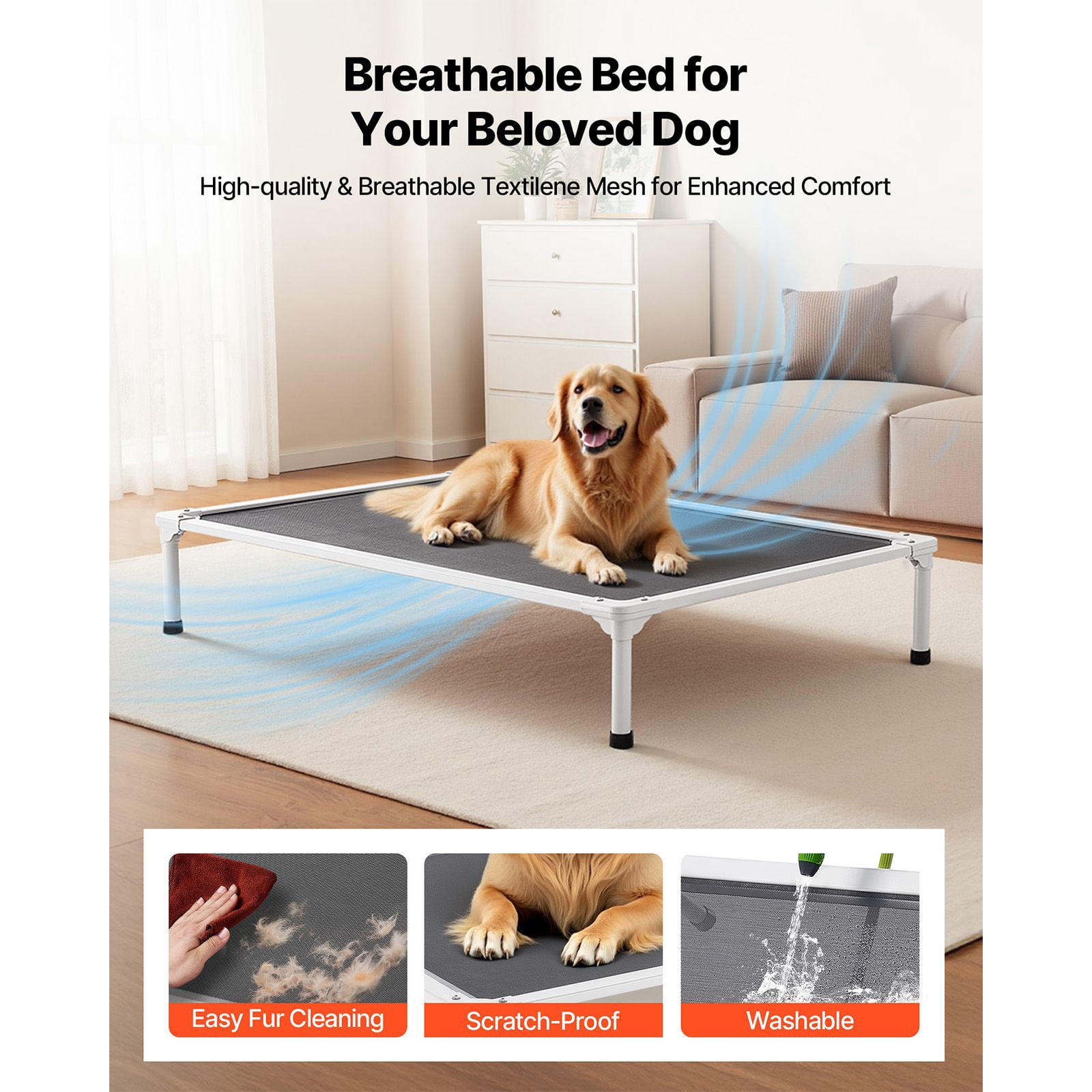 Raised dog bed XL, lifting bed with aluminium frame, breathable mesh, indoor and outdoor dual-use, grey