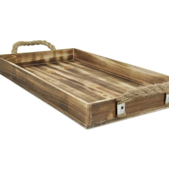 Rectangular Wooden Tray With Rope Handles (Antique Rustic Brown Finish) - 20" x 11.5" x 2"