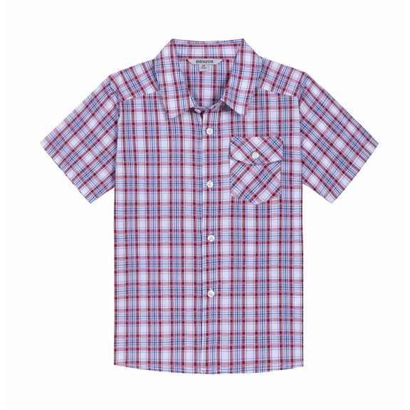 Bienzoe Boy's Cotton Plaid Button Down Short Sleeve Shirt Marine/Dark Red 5/6