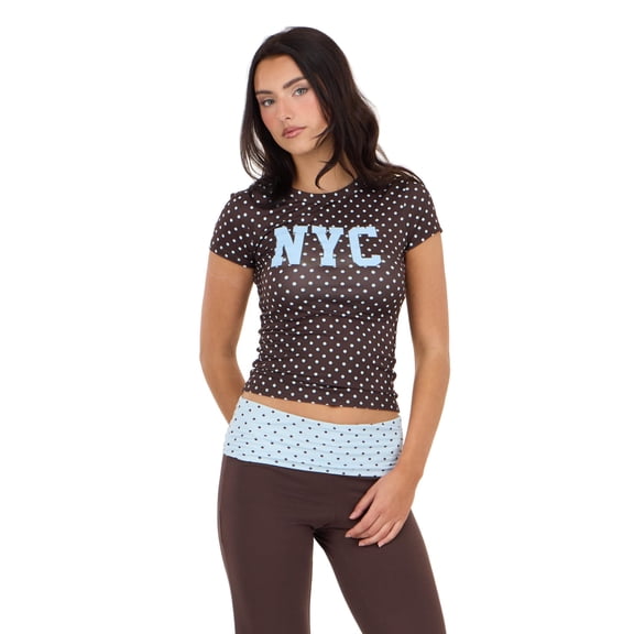 Forever 21 Women's Brown Y2K Baby Tee, NYC Graphic with All-Over Print Design for Casual Streetwear Style, XS