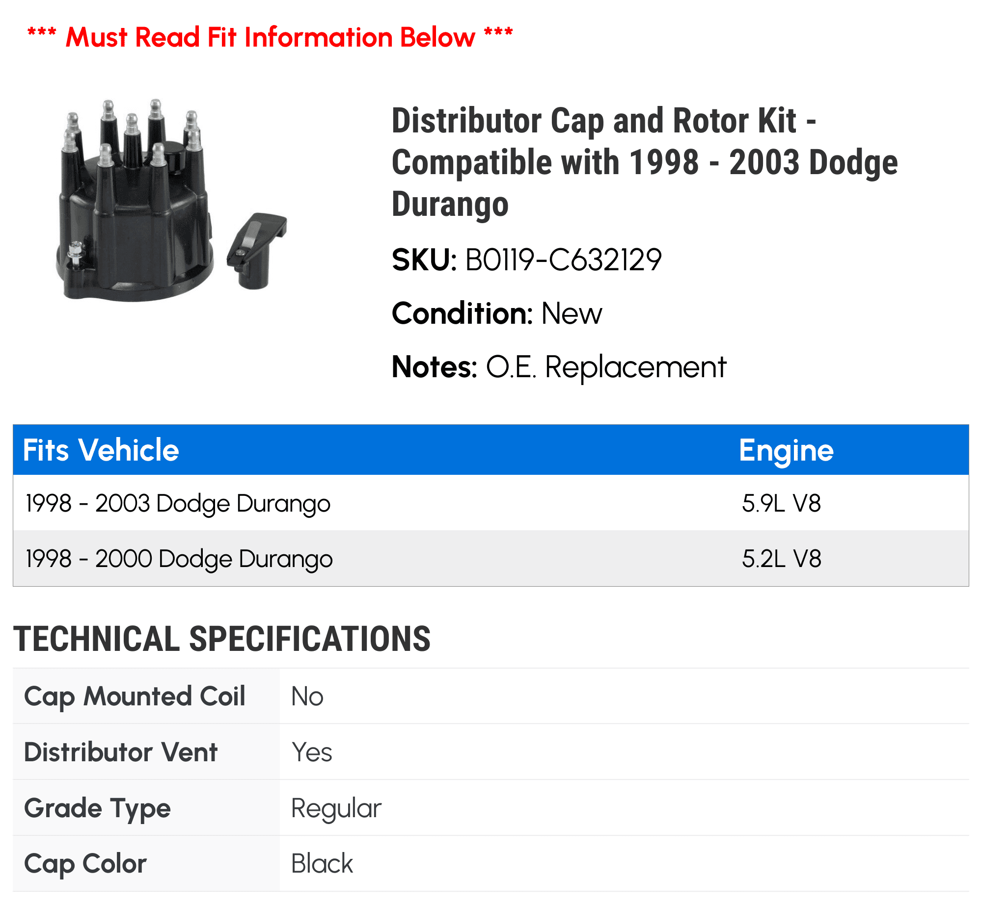 Distributor Cap and Rotor Kit - Compatible with 1998 - 2003 Dodge Durango 1999 2000 2001 2002