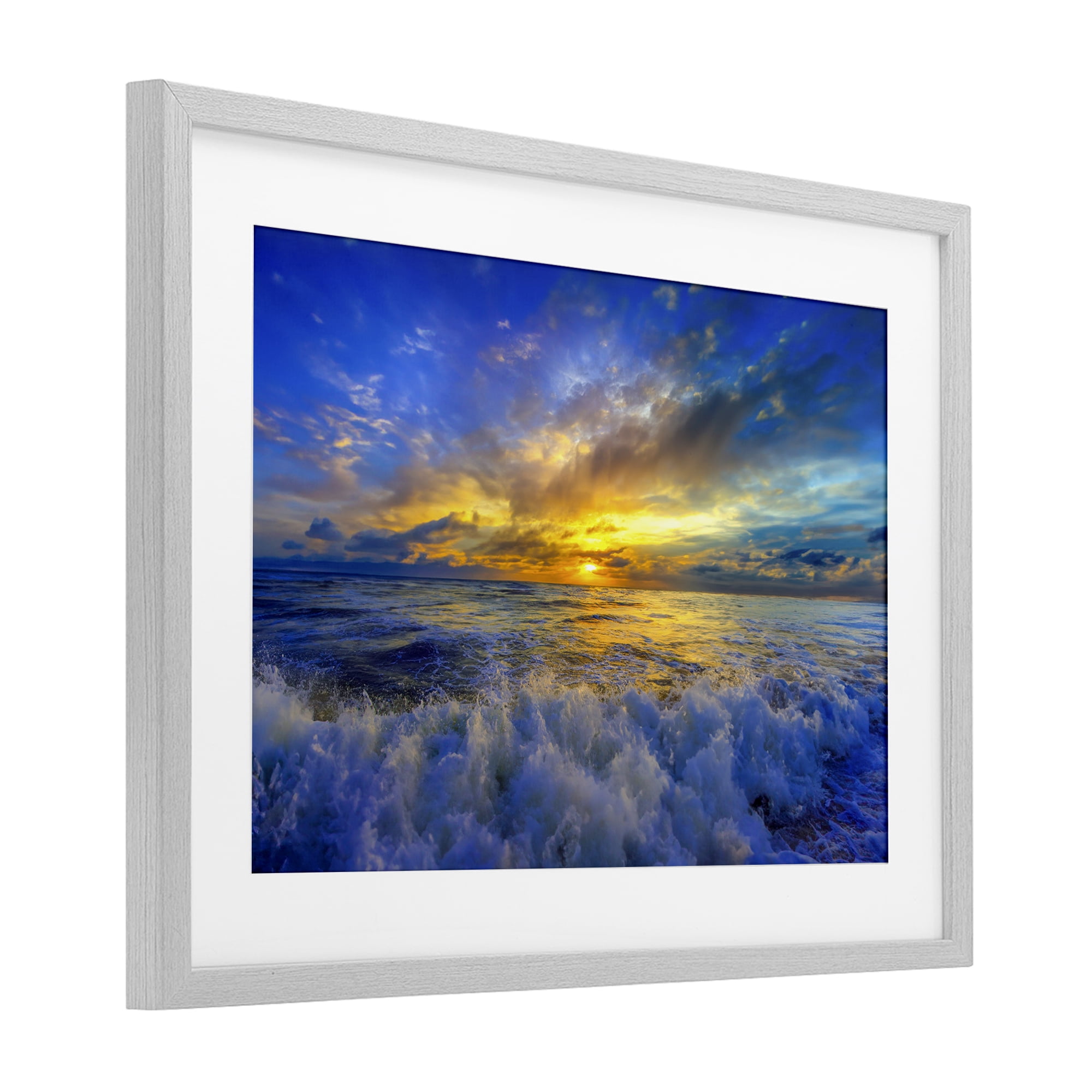 Stupell Industries Golden Blue Sunset over Waves Gray Framed Print Under Glass, design by Eszra Tanner