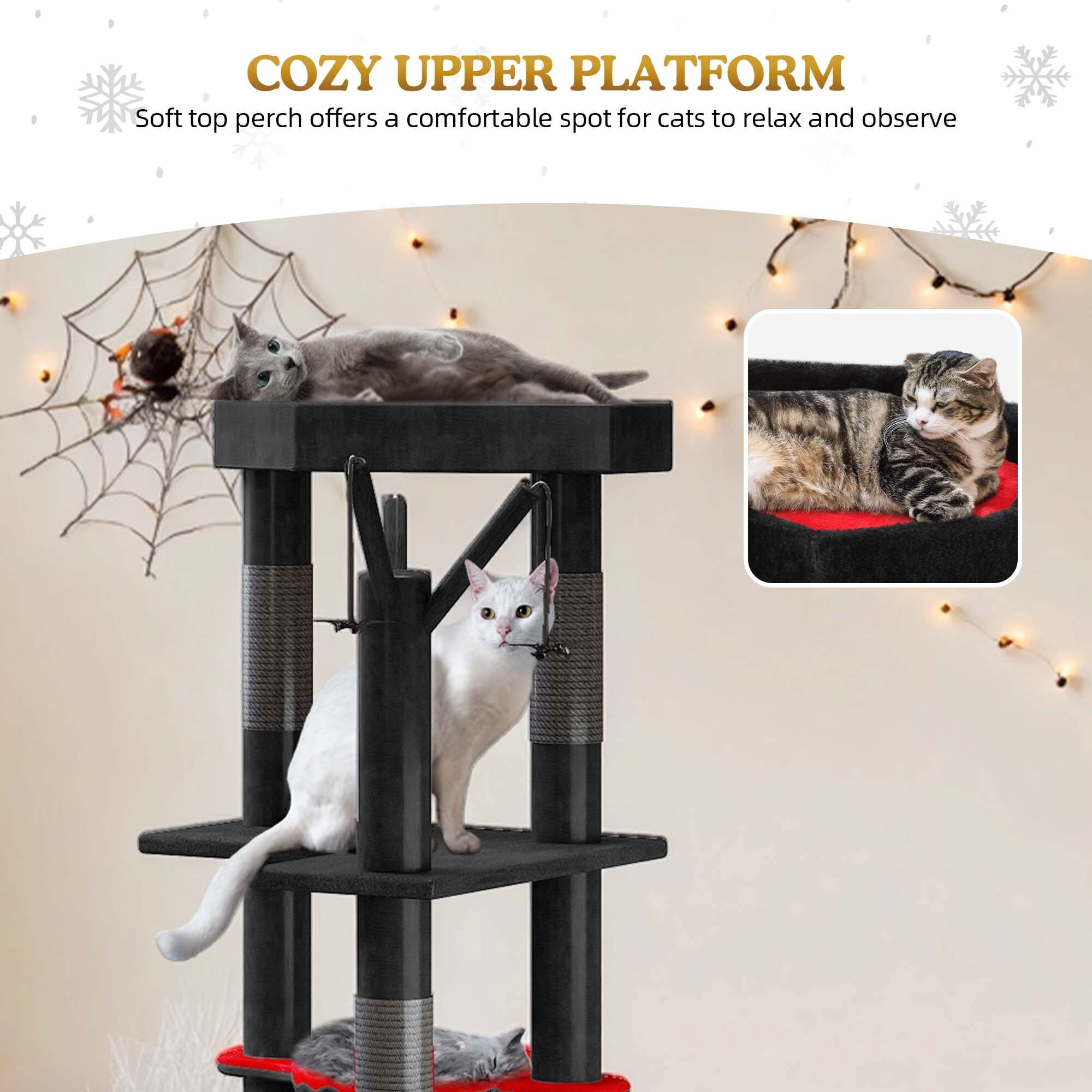 Uforic 60" Gothic Cat Tree Tower with Coffin Bed, Black Halloween Cat Tower with Top Perch, Condos, Basket & Scratcher