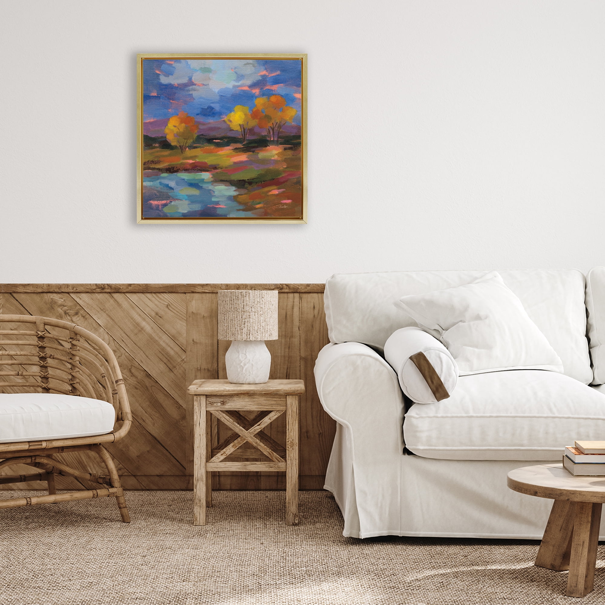 Stupell Industries October Glow Lakeside Reflection Gold Framed Floater Canvas Wall Art, design by Silvia Vassileva