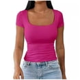 thumbnail image 2 of Lixiuxyad Women's Fashion Slim U Neck T Shirt Fashion Casual Solid Color Short Sleeved T Shirt Floral Cute,Pink L, 2 of 4
