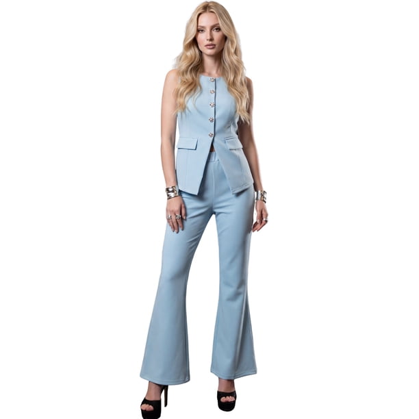 Conjunto Fashion 2 Piezas, Top Sin Mangas con Botones y Pantalón Ajustado con Corte Flare para Mujer