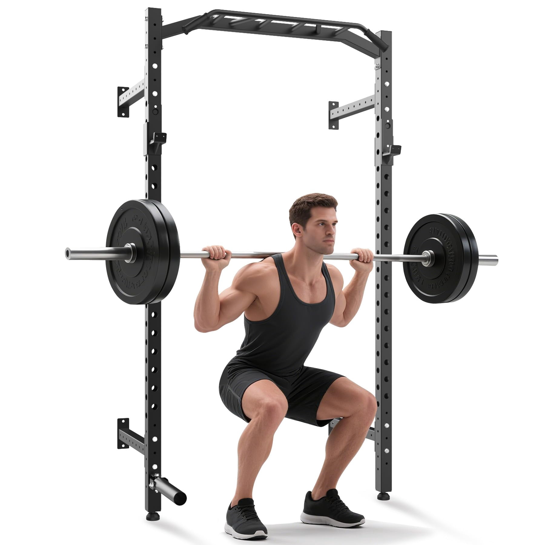 1600LB Heavy Duty Wall Mounted Power Rack – Commercial-Grade Squat Rack – Multi-Grip Pull Up Bar – J-Cups & Landmine Attachment – Strength Training – All Black