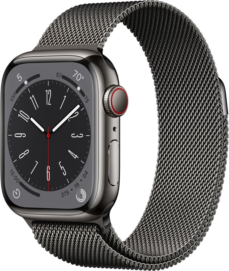 Pre-Owned Apple Watch Series 8 GPS + Cellular 45mm Stainless Steel Case with Graphite Milanese Loop. Fitness Tracker, Blood Oxygen & ECG Apps, Always-On Retina Display - Graphite (Fair)