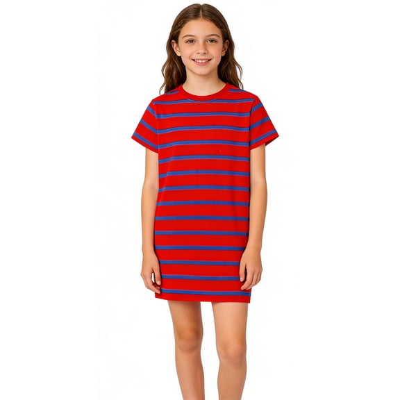 YOUYEDIAN Girls Summer Dress Short Sleeve Striped T Shirt Crop Dresses Casual Fashion Crewneck Sundress (Red, 11-12 Years)