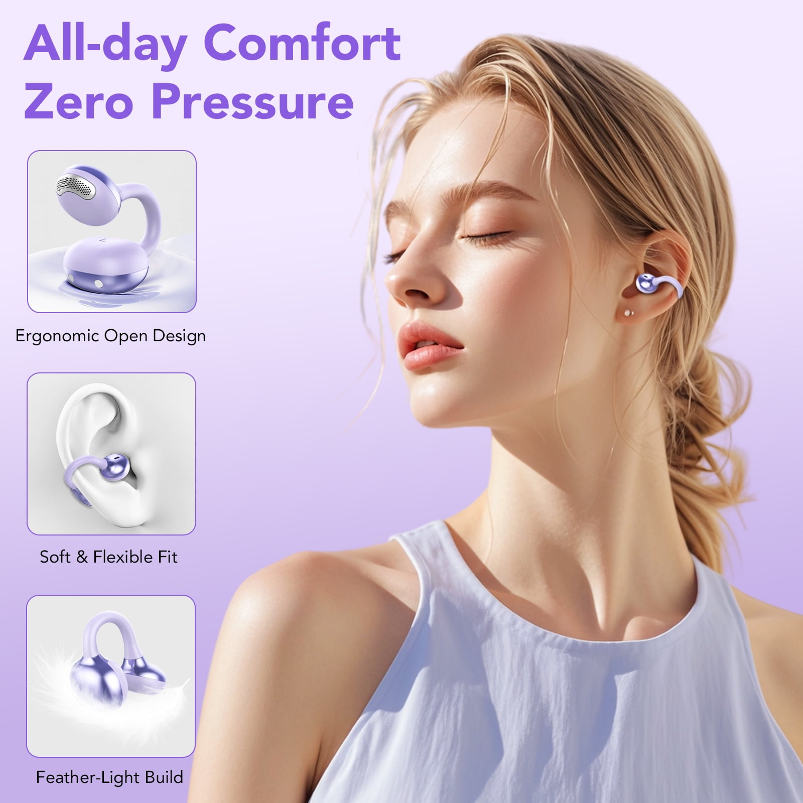 Open Ear Earbuds, Bluetooth Headphones 6.0, Lightweight Comfort Open Ear Clip Wireless Earbuds, 50H Playtime, ENC Clear Calls, Deep Bass, IPX7 Waterproof, Design Fit Running/Workout(Purple)
