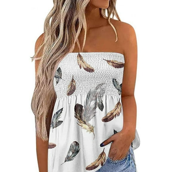 Hvot&aat Womens Strapless Elastic Smocked Tube Top Casual Sleeveless Printed Blouse Flowy Beach Tank Top