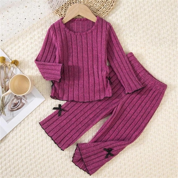 Wavsuf Girls Outfits 2-Piece, Long Sleeve Crewneck Tops Wide Leg Pants Fashion Soft Knitted Sets Hot Pink 4T