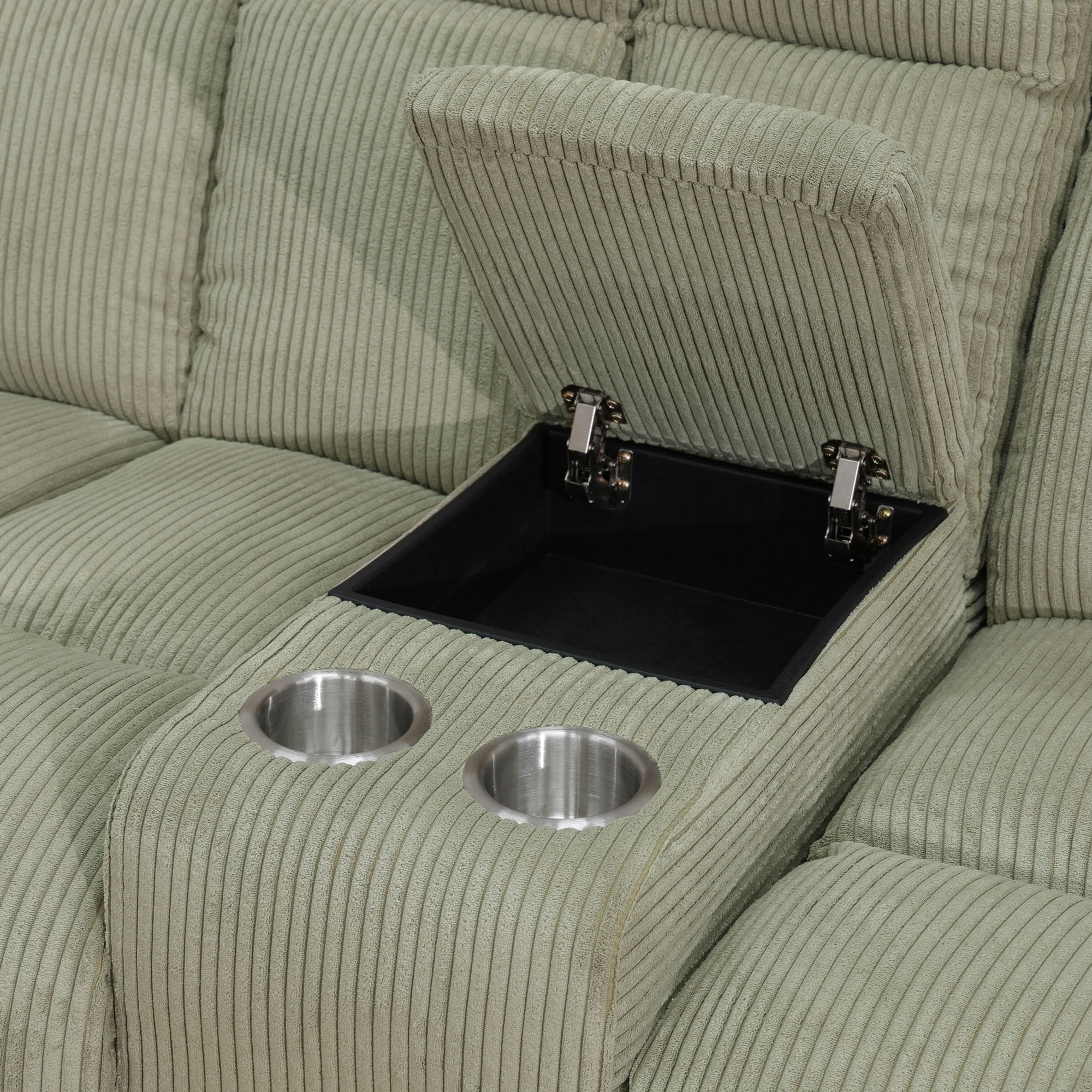 MAYEERTY 2-Seater Recliner Loveseat, Off-White Stripe Fabric Manual Reclining Loveseat with Cup Holders & Storage Groove for Living Room