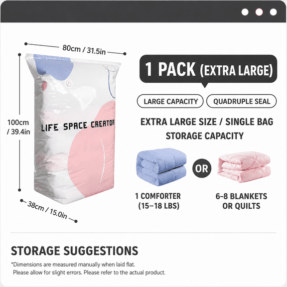 No Pump Vacuum Storage Compression Bags with Press & Seal for Bedding and Clothes, Reusable Space Saver Bags with Seal Closure for Comforters, Blankets, Travel & Home Organization