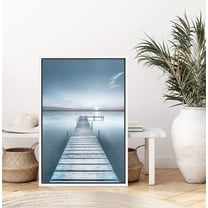IDEA4WALL Framed Canvas Art Wall Decor Blue Wash Out Wooden Pier with Sunrise Coastal Ocean Photography Minimalism Modern Scenic Relax/Calm Duotone for Dorm Home Office - 16"x24"